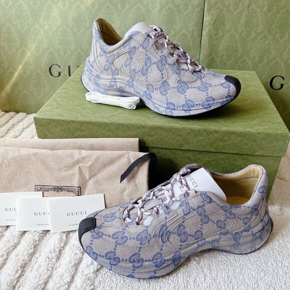 Gucci Monogram Run Runner GG Logo Sneaker Beige Blue Mens UK 8.5 US 9 - Picture 2 of 16
